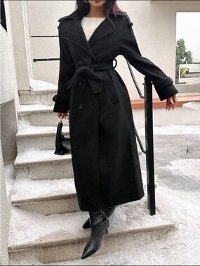 Classic Black Long Trench Coat with Belt